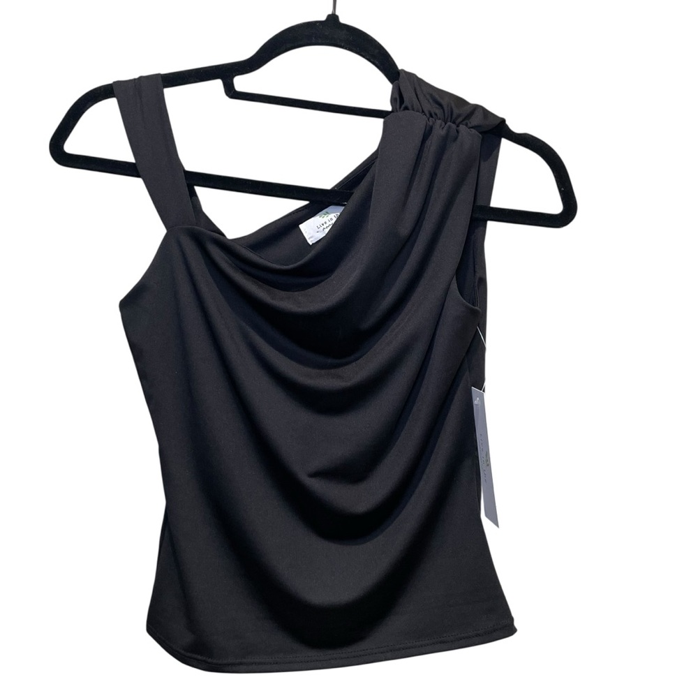 Live In The Moment Draped One Shoulder Top Black Womens Size Medium Stretch